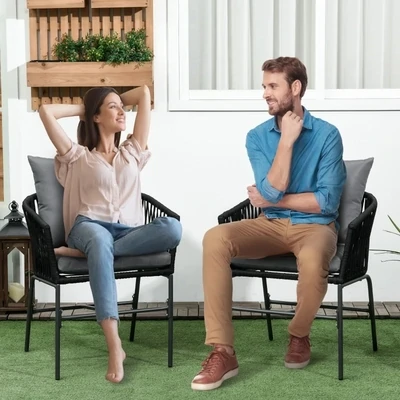 Outdoor Stühle, 2-er Set, Boho-Design, Sitz- und Rückenkissen, bequeme Sitzschale, Metallrahmen, Dunkelgrau