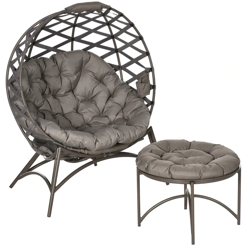 Gartenstuhl-Set, 2-tlg., Hocker/Beistelltisch, gr. Sitzkissen, Stahlrahmen, Farbe: Sand, 118 x 75 x 142 cm