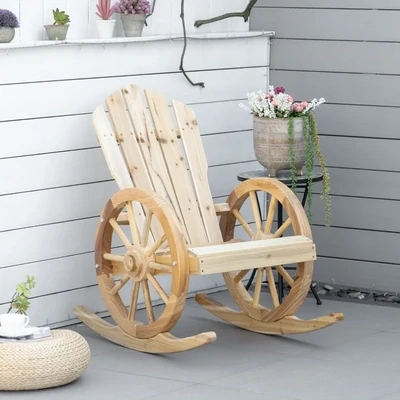 Rustikaler Adirondack-Schaukelstuhl, Gartenstuhl, Wagenrad-Design, wetterfest, Tannenholz, 68 x 88 x 92 cm