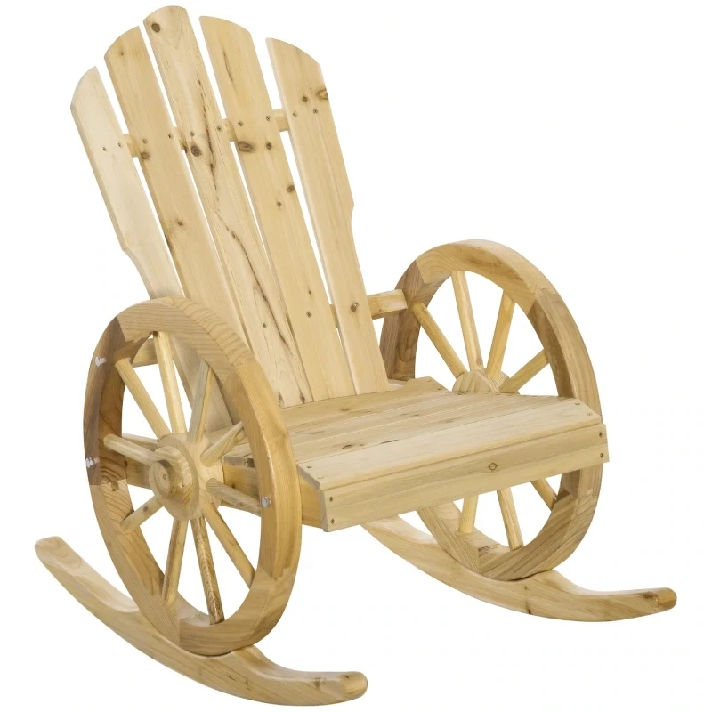 Rustikaler Adirondack-Schaukelstuhl, Gartenstuhl, Wagenrad-Design, wetterfest, Tannenholz, 68 x 88 x 92 cm