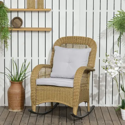 Schaukelstuhl Boho-Stil | PE-Rattan & Kissen | Natur + Hellgrau