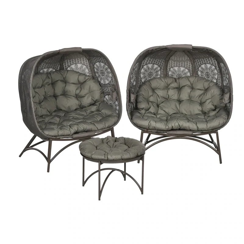 Gartenmöbel-Set, 2 Korbsessel mit Beistelltisch, faltbar, Sitzauflagen, Metallgestell, Farbe: Sand