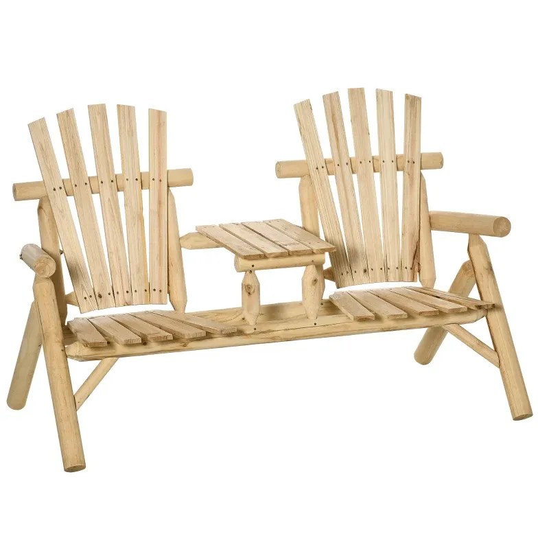Gartenbank-Adirondack-Kombination 2 Personen, integrierter Tisch, Naturholz, 157 x 88 x 103 cm Gartenbank-Adirondack-Kombination 2 Personen, integrierter Tisch, Naturholz, 157 x 88 x 103 cm