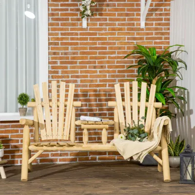 Gartenbank-Adirondack-Kombination 2 Personen, integrierter Tisch, Naturholz, 157 x 88 x 103 cm