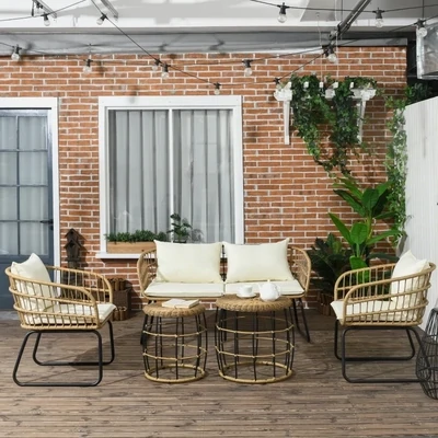 Rattan Lounge-Set Outdoor-Sitzgruppe, Boho-Stil, 5-teilges Set, Creme + Natur + Schwarz