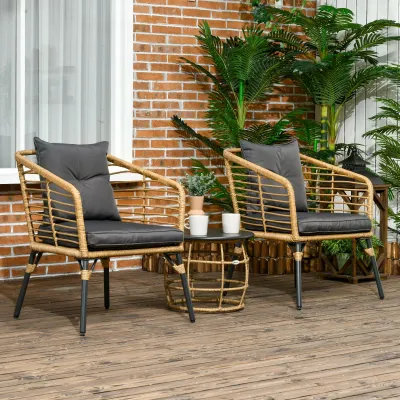 3-teiliges Bistro-Set, Rattan, 1 Beistelltisch, 2 Stühle, Sand+Dunkelgrau
