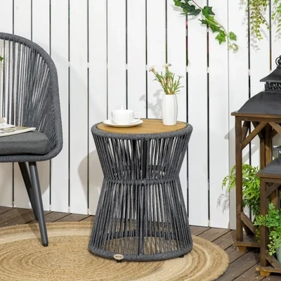 Beistelltisch im Boho-Stil, wetterbeständig, PE-Rattan, Schwarz + Natur