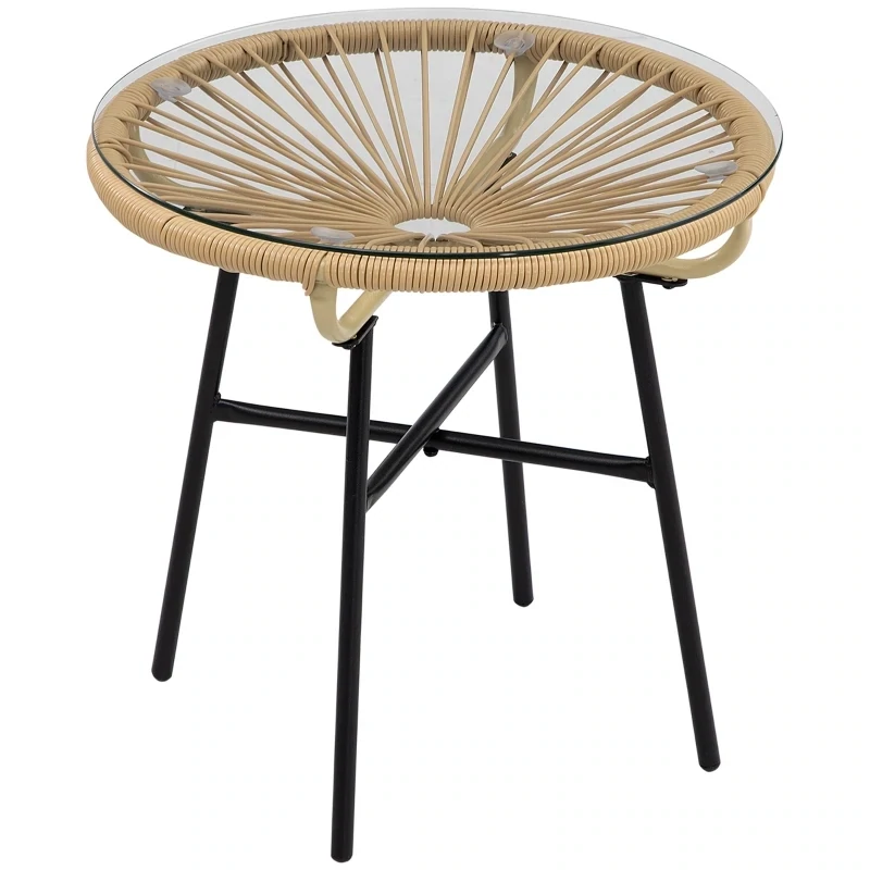 Gartentisch Boho-Stil | PE-Rattan &amp; Glasplatte | Beige