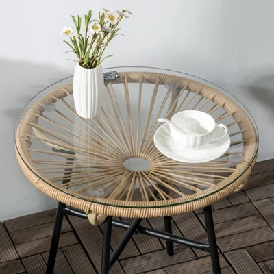 Gartentisch Boho-Stil | PE-Rattan & Glasplatte | Beige