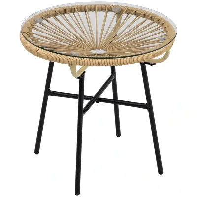 Gartentisch Boho-Stil | PE-Rattan &amp; Glasplatte | Beige