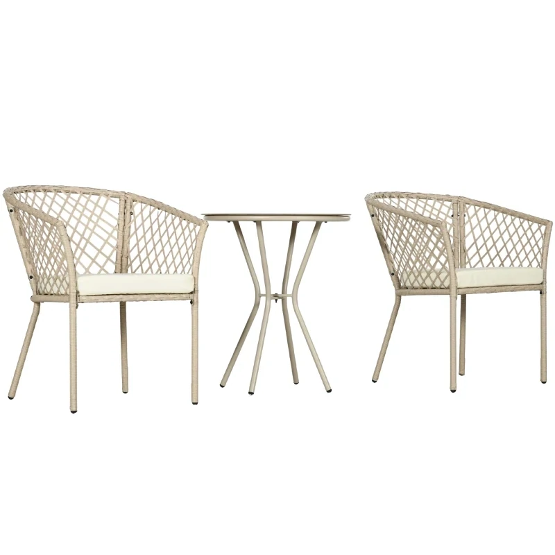 Rattan Gartenmöbel-Set, 2 Stühle und Glastisch, Sitzauflagen, Metallrahmen, Khaki Rattan Gartenmöbel-Set, 2 Stühle und Glastisch, Sitzauflagen, Metallrahmen, Khaki