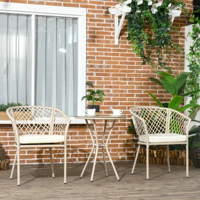 Rattan Gartenmöbel-Set, 2 Stühle und Glastisch, Sitzauflagen, Metallrahmen, Khaki