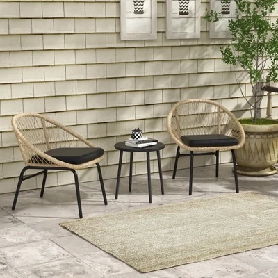 Rattan Terrassengarnitur, Gartenmöbel-Set, 2 Sessel & Tisch, Gelb