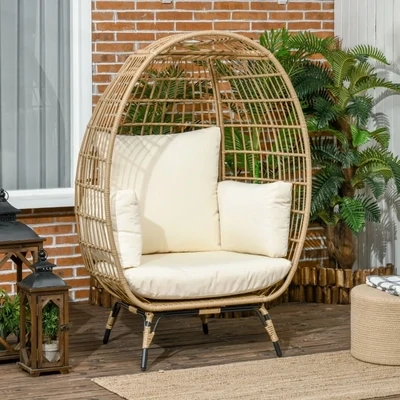 Korbstuhl in Rattanoptik, weiche Sitzkissen, Aluminiumrahmen, khaki+beige
