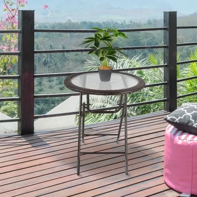 Gartentisch klappbar | Hartglas &amp; Rattan-Dekor | Braun