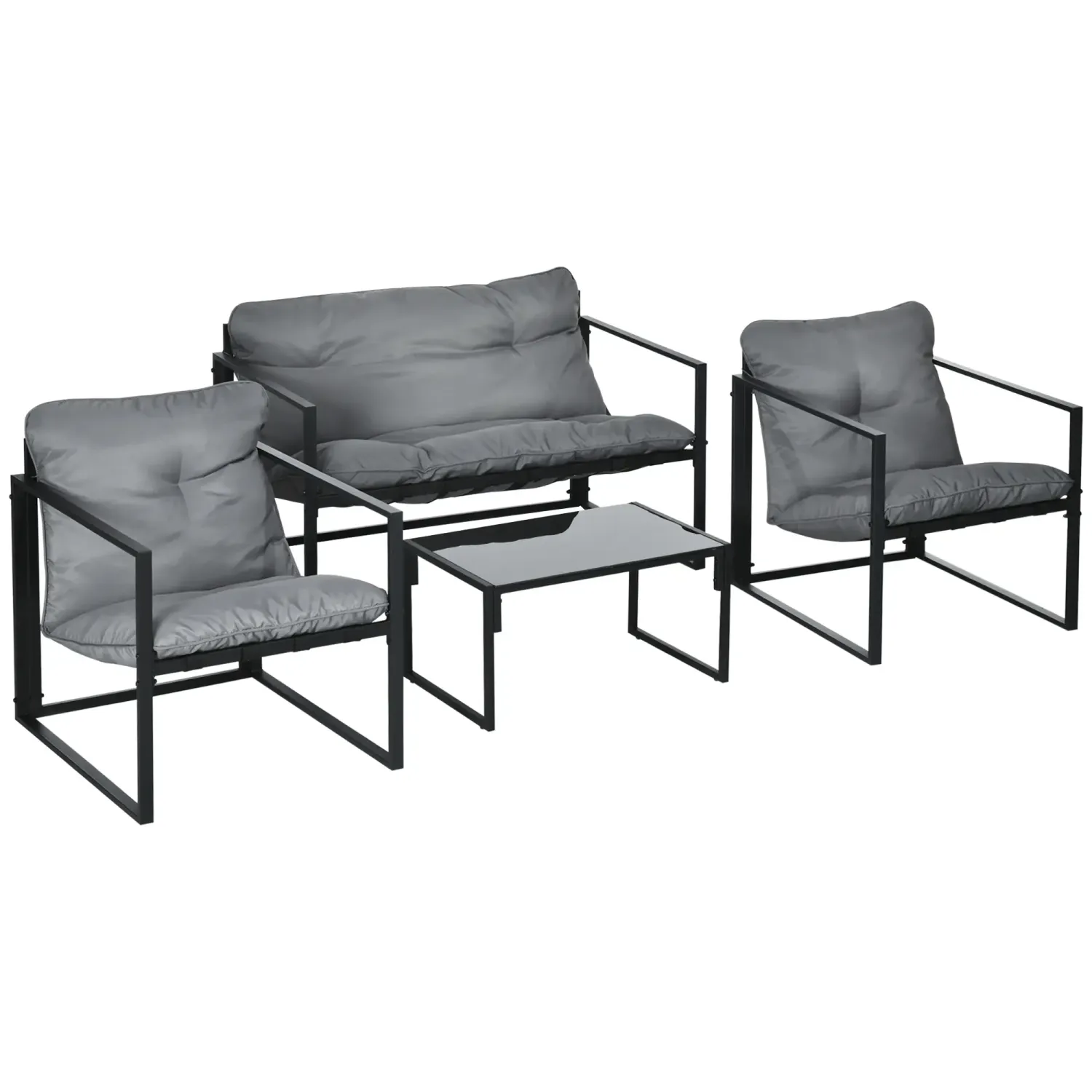 Gartenmöbel-Set | 1 Glastisch, 2 Sessel, 1 Sofa | Grau+Schwarz