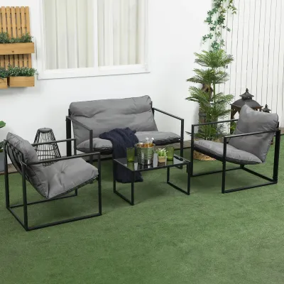 Gartenmöbel-Set | 1 Glastisch, 2 Sessel, 1 Sofa | Grau+Schwarz
