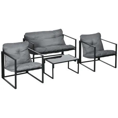 Gartenmöbel-Set | 1 Glastisch, 2 Sessel, 1 Sofa | Grau+Schwarz