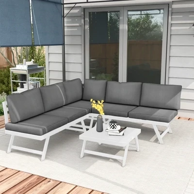4-teilige Gartensitzgruppe Loungemöbel-Set 4-teilig, 115 cm x 61 cm x 65 cm, Grau + Weiss