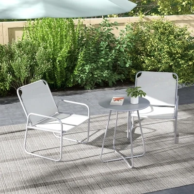 3-teiliges Gartenmöbelset, 2 Stühle mit atmungsaktivem Stoffbezug, 1 runder Tisch Ø60 cm, Hellgrau