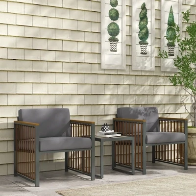 Rattan-Gartengarnitur 3-teilig | Sitzkissen, Holzdekor &amp; rostfreier Metallrahmen | Grau