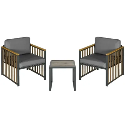 Rattan-Gartengarnitur 3-teilig | Sitzkissen, Holzdekor &amp; rostfreier Metallrahmen | Grau