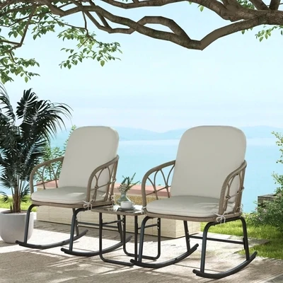 Schaukelstuhlset Bistro-Set | Bohostil, PE-Rattan &amp; wetterbeständig | Creme