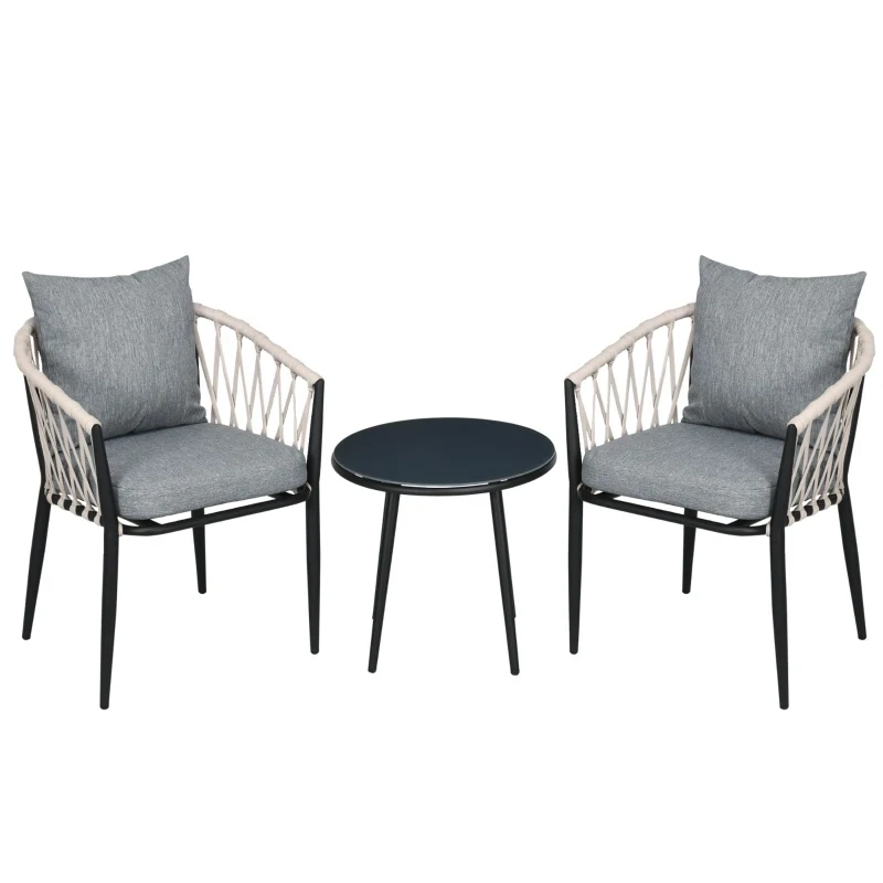 Gartenmöbel Set für 2 Personen inkl. 1 Tisch, 2 Stühlen mit Sitzkissen, Balkon-Set, Stahl, Grau