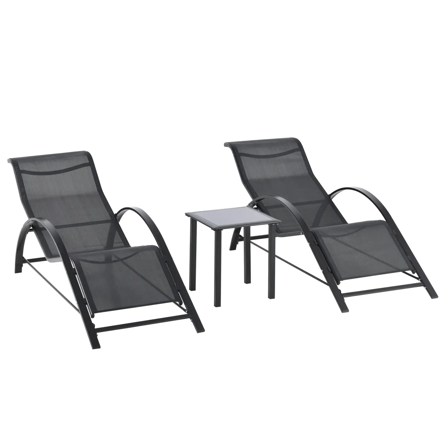 Gartenlounge-Set, 2 Liegen mit Beistelltisch, atmungsaktiver Stoff, stabiler Metallrahmen, Schwarz Gartenlounge-Set, 2 Liegen mit Beistelltisch, atmungsaktiver Stoff, stabiler Metallrahmen, Schwarz