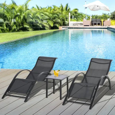 Gartenlounge-Set, 2 Liegen mit Beistelltisch, atmungsaktiver Stoff, stabiler Metallrahmen, Schwarz