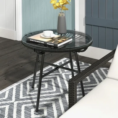 Gartentisch Boho-Stil | PE-Rattan &amp; Glasplatte | Schwarz