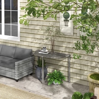 Balkontisch, halbrund, Rattan+Metall, 100x50x74 cm, Grau