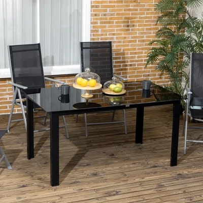 Gartentisch, Esstisch für 6 Personen | Glasplatte & Aluminium | Schwarz