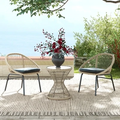 Couchtisch Beistelltisch Boho-Design, Glasplatte, PE-Rattan, 45 cm x 45 cm x 52 cm, Natur