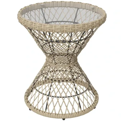 Couchtisch Beistelltisch Boho-Design, Glasplatte, PE-Rattan, 45 cm x 45 cm x 52 cm, Natur