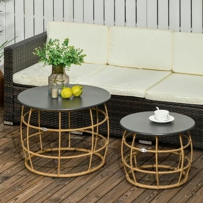 Gartentische 2er-Set Boho-Stil | Stapelbar &amp; PE-Rattan | Natur + Dunkelgrau