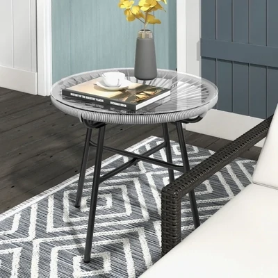 Gartentisch Boho-Stil | PE-Rattan &amp; Glasplatte | Grau
