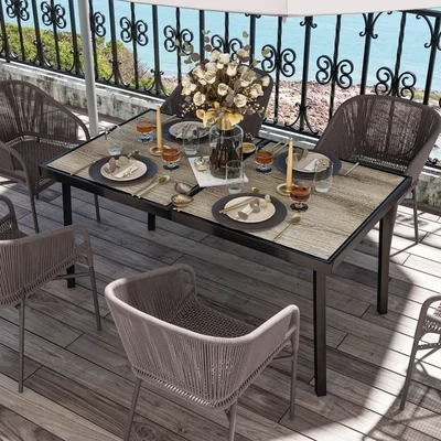 Outdoor Tisch, Gartrntisch 6 Personen | Holzoptik & Metallrahmen | Grau
