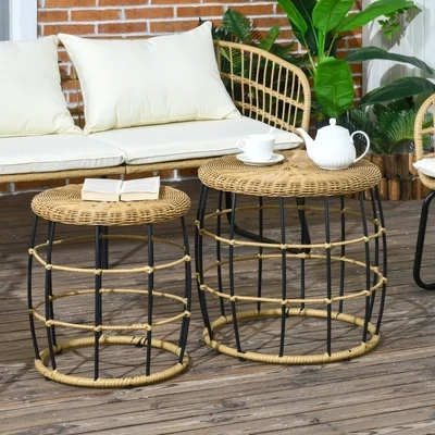 Rattan-Gartentische 2er-Set | Boho-Stil &amp; stapelbar | Schwarz + Khaki