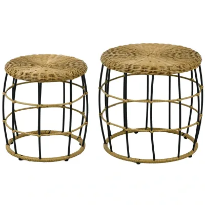Rattan-Gartentische 2er-Set | Boho-Stil &amp; stapelbar | Schwarz + Khaki