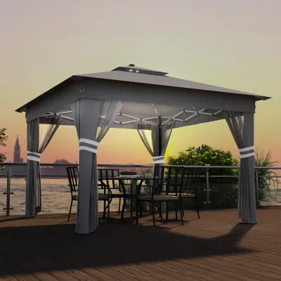 Gartenzelt, Pavillon mit solarbetriebenen LED Beleuchtung, 336 cm x 336 cmx 270 cm, Grau
