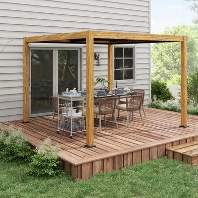 Gartenpavillon De Luxe mit Lamellendach, Pergola, Terrassenüberdachung, Handkurbel, Aluminium/Holzoptik, 3x3m, Schwarz/Natur