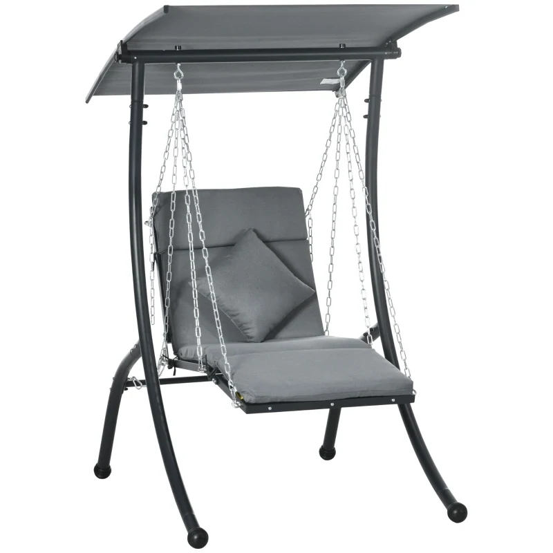 1-Sitzer Hollywoodschaukel, Sonnenliege, neigbares Dach, Sitzauflage, Kopfkissen, 108 x 145 x 169 cm, Dunkelgrau