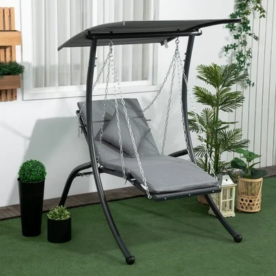 1-Sitzer Hollywoodschaukel, Sonnenliege, neigbares Dach, Sitzauflage, Kopfkissen, 108 x 145 x 169 cm, Dunkelgrau