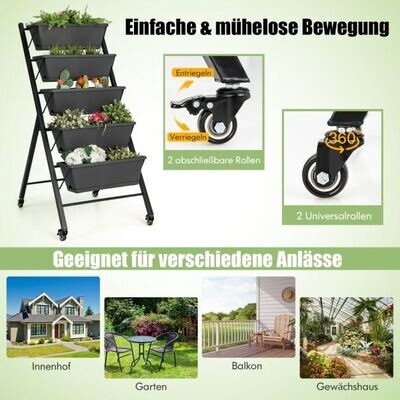 5-stufiges Vertikales Hochbeet mit Rädern, Blumenbeet, Pflanztreppe schwarz