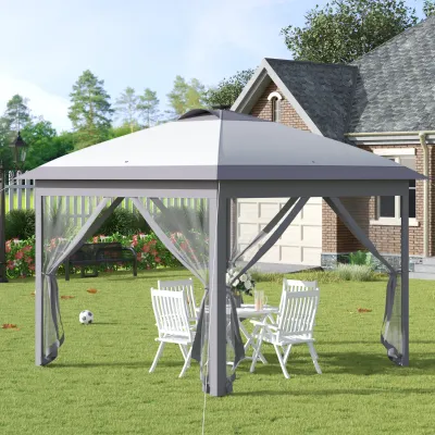3,3 x 3,3 m Faltpavillon mit LED-Beleuchtung, Meshvorhänge, Tragetasche, Grau