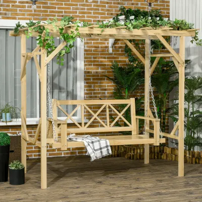 Holz-Hollywoodschaukel, Schaukelbank mit Pergola, für 2 Personen, höhenverstellbar, Massivholzrahmen, 2,21 x 1,40 x 1,96 m