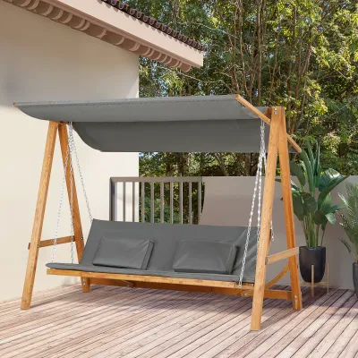 Holz-Hollywoodschaukel mit Bettfunktion 3-Sitzer Gartenschaukel mit Dach Grau+Teak