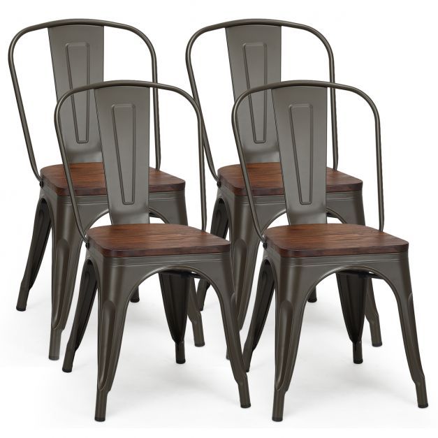 4-Teiliges Tolix Esszimmerstuhl Set aus Ulmenholz Bistrostuhl Stapelbare Metallstühle 52 x 42 x 84 cm Braun + Grau 4-Teiliges Tolix Esszimmerstuhl Set aus Ulmenholz Bistrostuhl Stapelbare Metallstühle 52 x 42 x 84 cm Braun + Grau