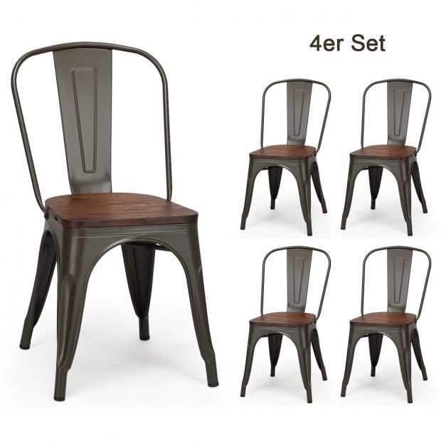 4-Teiliges Tolix Esszimmerstuhl Set aus Ulmenholz Bistrostuhl Stapelbare Metallstühle 52 x 42 x 84 cm Braun + Grau